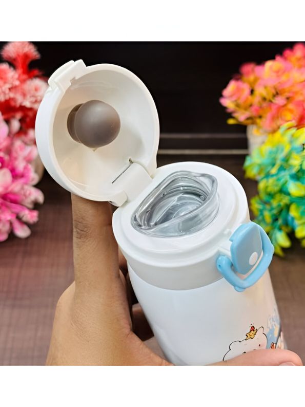 White - AquaJoy Stainless Steel Water Bottle for Kids – 450ml Cute Printed Push Button Sipper | Leak-Proof & BPA-Free | Ideal for School & Outdoor Use NOV8421.