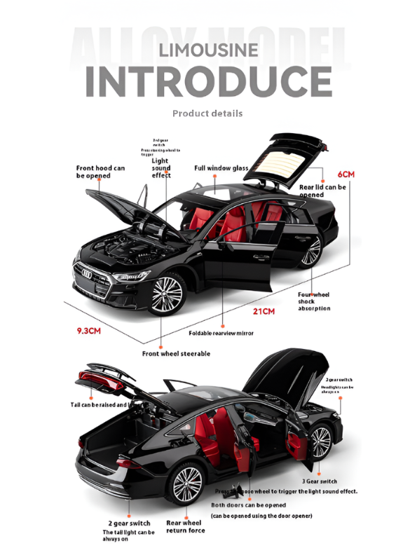 Audi A7 Alloy Diecast Car Model | Black 1:24 Scale Premium Metal Collectible Toy Car with Opening Doors TV6181