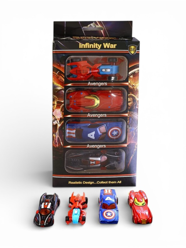 Avengers Infinity War 4-Piece Diecast Toy Car Set – Superhero Character Themed Alloy Racing Vehicles featuring Iron Man, Captain America, Spider-Man & Black WidowLMI9661