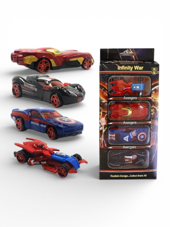Avengers Infinity War 4-Piece Diecast Toy Car Set – Superhero Character Themed Alloy Racing Vehicles featuring Iron Man, Captain America, Spider-Man & Black WidowLMI9661
