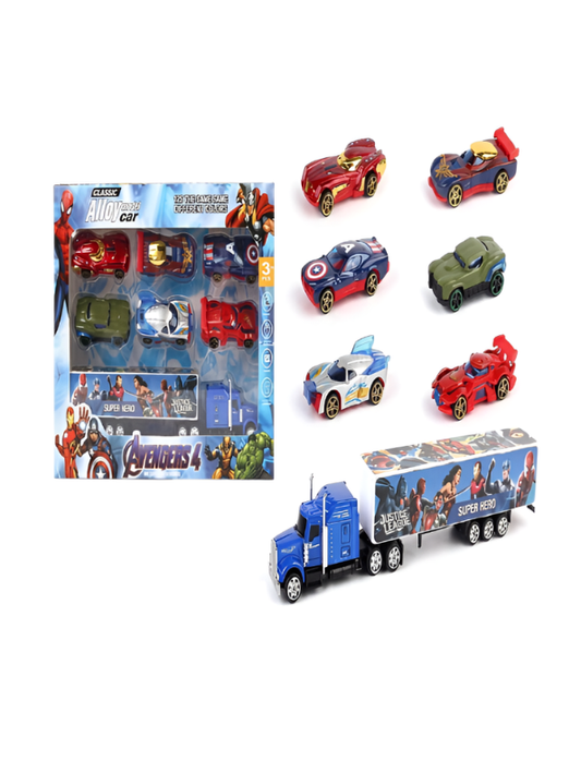 Avengers & Justice League Superhero Toy Car Set – 6 Alloy Cars with Blue Transport Carrier Truck TV6526.
