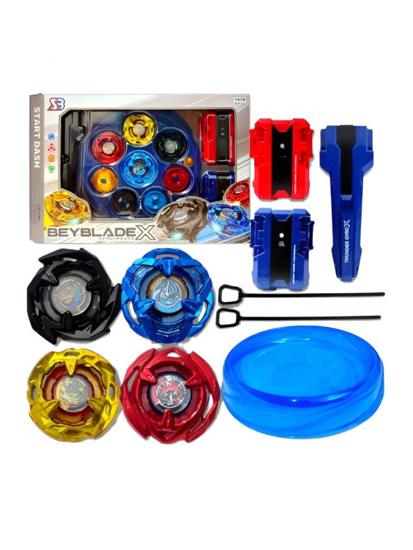 Dash Battle Top Set 4-Pack Metal Fusion Spinning Tops with Launcher, Grip & Ripcord | High-Performance Battle X Series Starter Kit for Kids | Red, Blue, Gold & Black NX15823