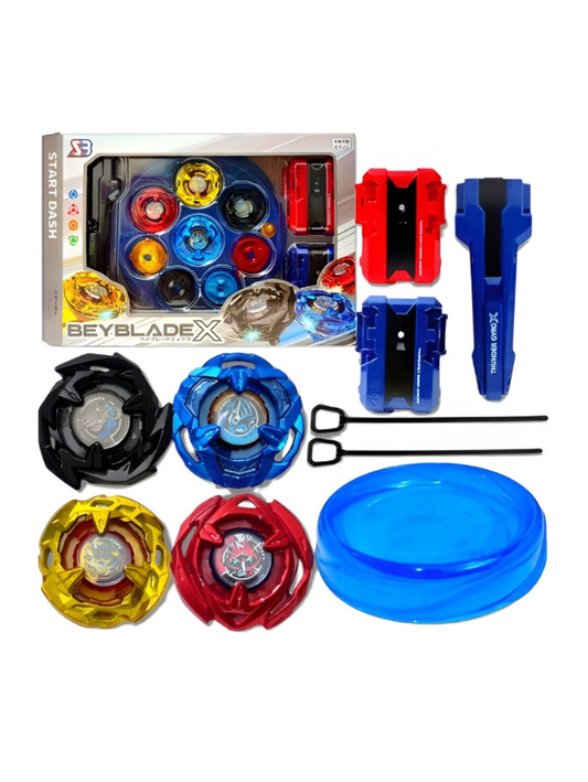 Dash Battle Top Set 4-Pack Metal Fusion Spinning Tops with Launcher, Grip & Ripcord | High-Performance Battle X Series Starter Kit for Kids | Red, Blue, Gold & Black NX15823
