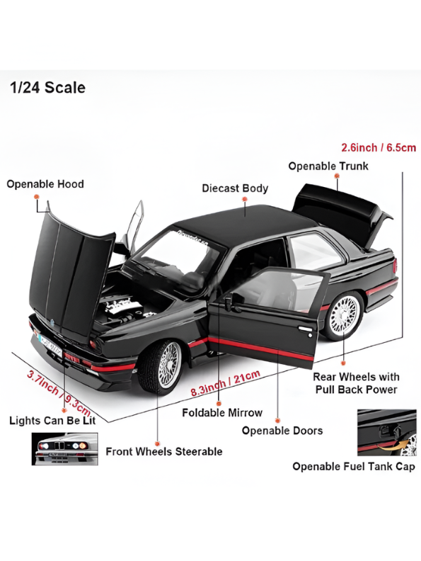 BMW M3 E30 Diecast Model Car | Black 1:24 Scale Collectible Replica Alloy Car MD581.