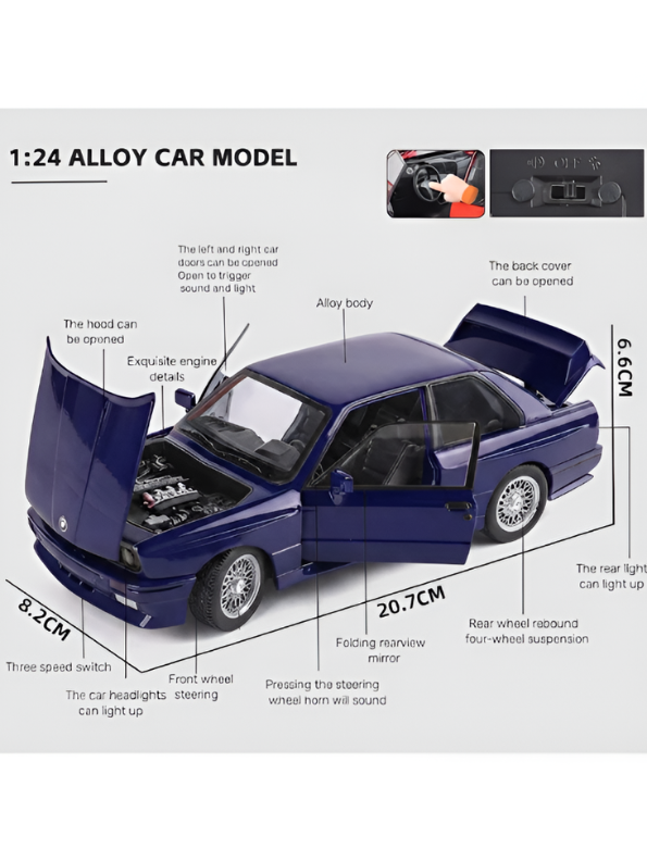 BMW M3 E30 Diecast Model Car | Blue 1:24 Scale Collectible Replica Alloy Car MD581.