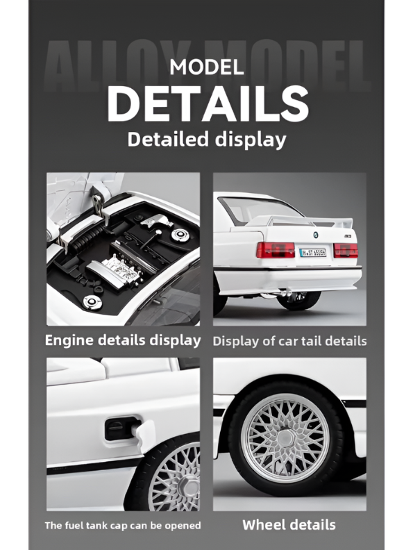 BMW M3 E30 Diecast Model Car | White 1:24 Scale Collectible Replica Alloy Car MD581.