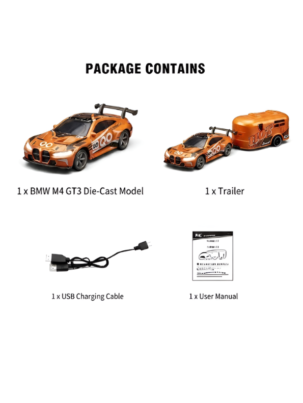 BMW M4 GT3 RC Drift & Racing Car with Trailer & Acrylic Display Box Orange (2.4GHz) MD570
