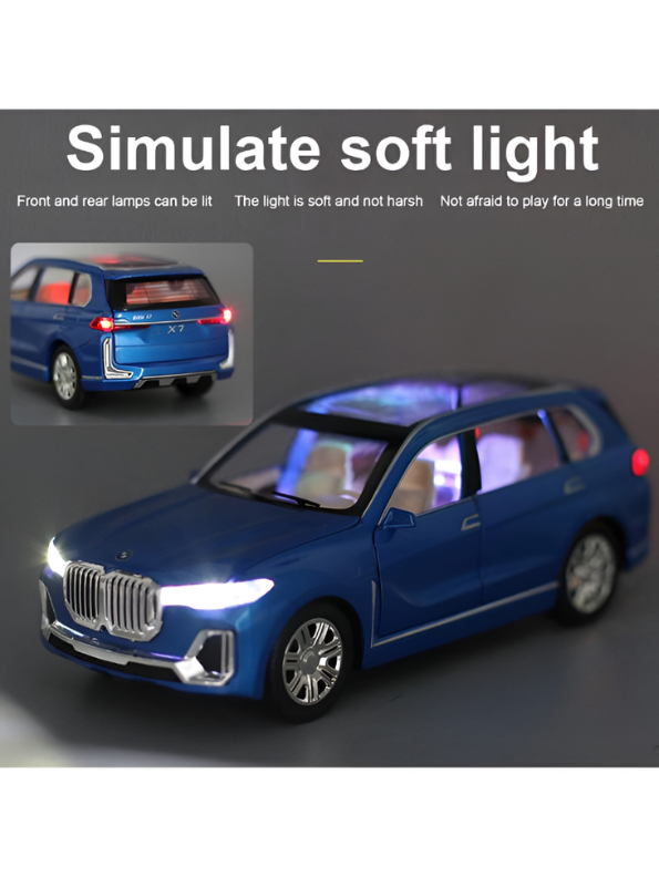 BMW X7 Alloy Diecast Model Car 1:24 Scale | Blue Pull Back Toy Car with Sound, Light & Spray Effect | Metal Toy TV5279