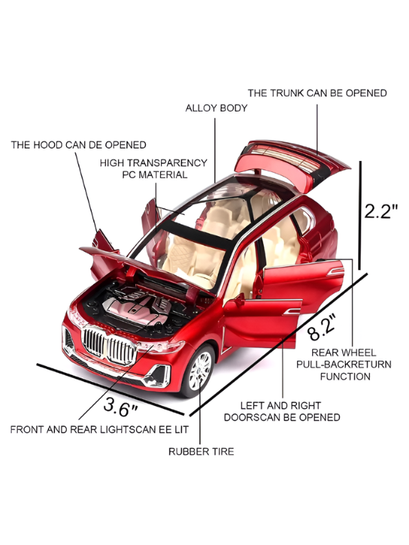 BMW X7 Alloy Diecast Model Car 1:24 Scale | Red Pull Back Toy Car with Sound, Light & Spray Effect | Metal Toy TV5279