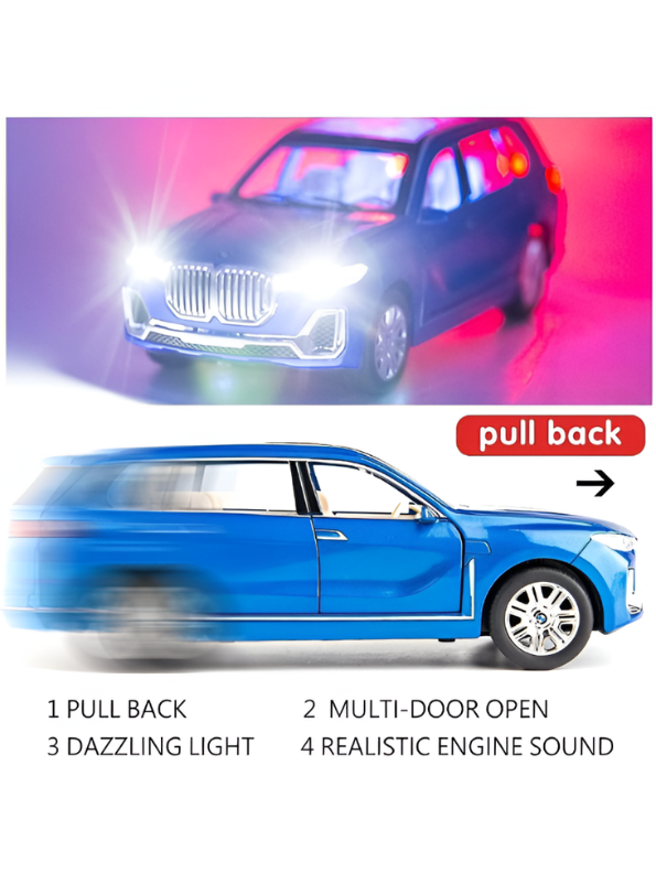 BMW X7 Alloy Diecast Model Car 1:24 Scale | Blue Pull Back Toy Car with Sound, Light & Spray Effect | Metal Toy TV5279