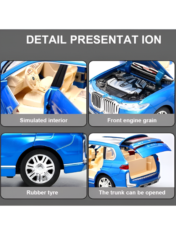 BMW X7 Alloy Diecast Model Car 1:24 Scale | Blue Pull Back Toy Car with Sound, Light & Spray Effect | Metal Toy TV5279