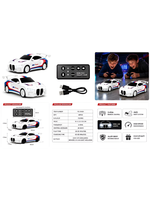 BMW M4 GT3 RC Drift Car - 1:64 Scale Mini Alloy Remote Control with Acrylic Display Box MD585