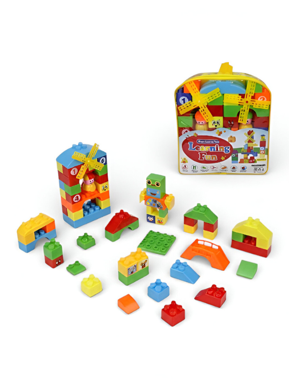 Learning Fun 50+ Piece Kids Building Blocks Set – Educational STEM Toy with Windmill, Robot, and Carry Bag – Colorful Toddler Construction Bricks for Ages 3+ LMI12652