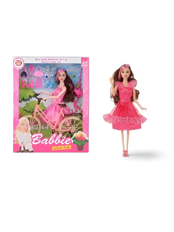Babbies Glam Bike Fashion Doll Playset with Pink Bicycle, Stylish Outfit & Beauty Accessories for Kids (Ages 3+) LMI7951