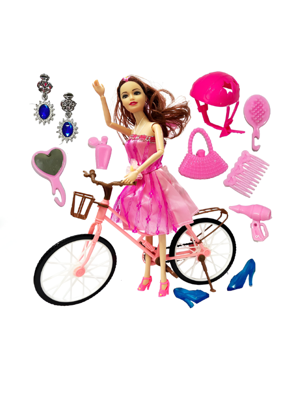 Babbies Glam Bike Fashion Doll Playset with Pink Bicycle, Stylish Outfit & Beauty Accessories for Kids (Ages 3+) LMI7951