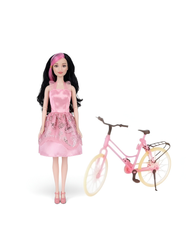 Babbies Glam Bike Fashion Doll Playset with Pink Bicycle, Stylish Outfit & Beauty Accessories for Kids (Ages 3+) LMI7951