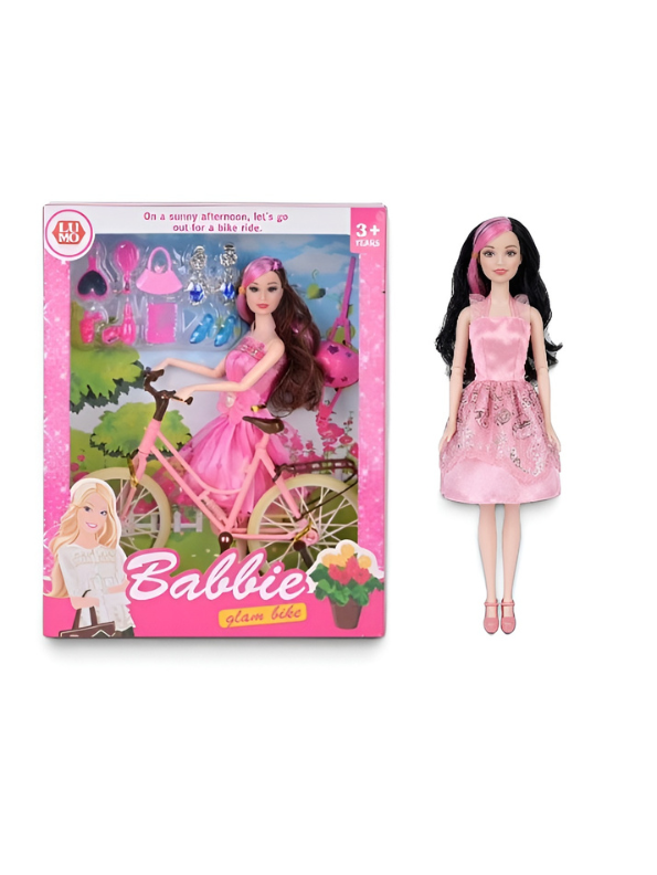 Babbies Glam Bike Fashion Doll Playset with Pink Bicycle, Stylish Outfit & Beauty Accessories for Kids (Ages 3+) LMI7951