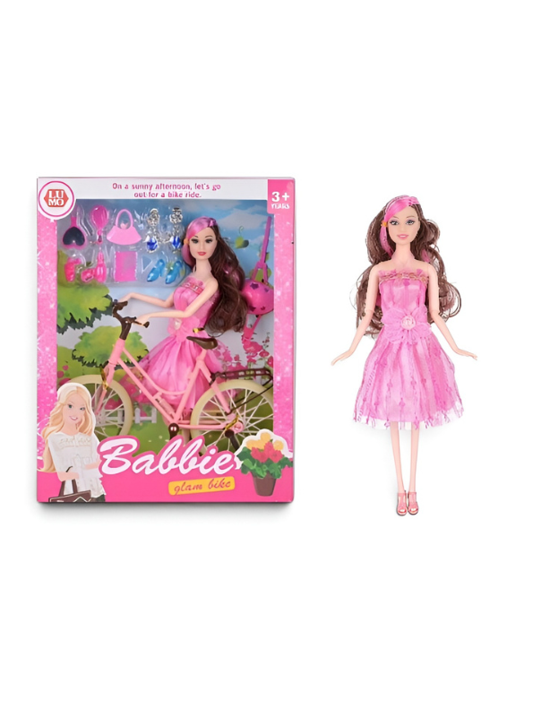 Babbies Glam Bike Fashion Doll Playset with Pink Bicycle, Stylish Outfit & Beauty Accessories for Kids (Ages 3+) LMI7951