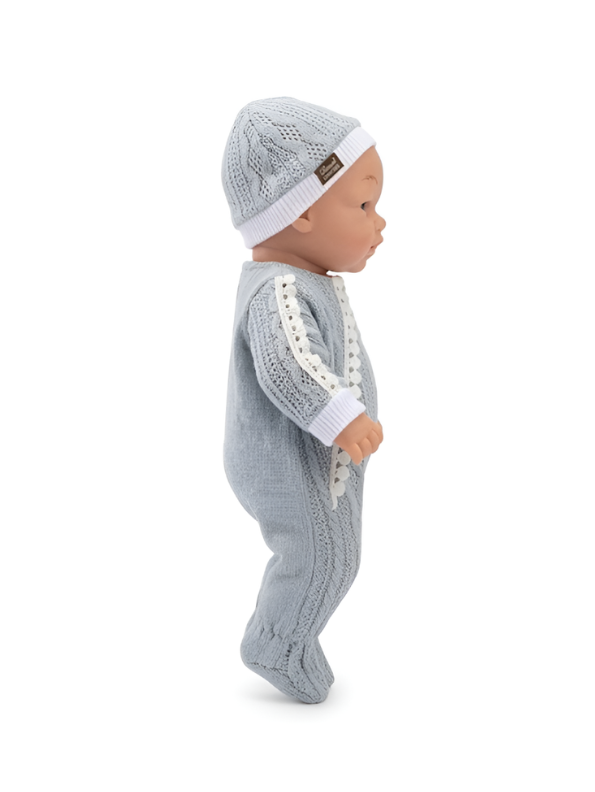 Soft Vinyl Infant Toy with Grey Knit Outfit and Lace Trim LMI13287.