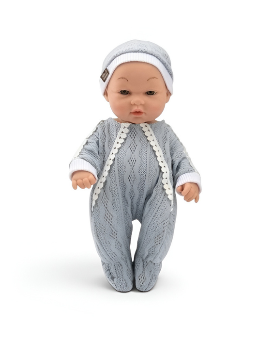 Soft Vinyl Infant Toy with Grey Knit Outfit and Lace Trim LMI13287.