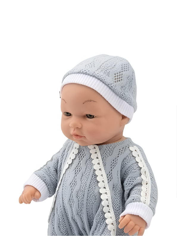 Soft Vinyl Infant Toy with Grey Knit Outfit and Lace Trim LMI13287.