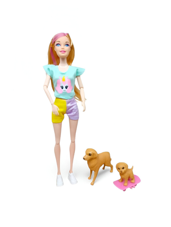 Barbie Doll Bicycle Toy with Puppy Pet Playset – Pastel Doll Bike & Puppy on Wheels LMI15420.