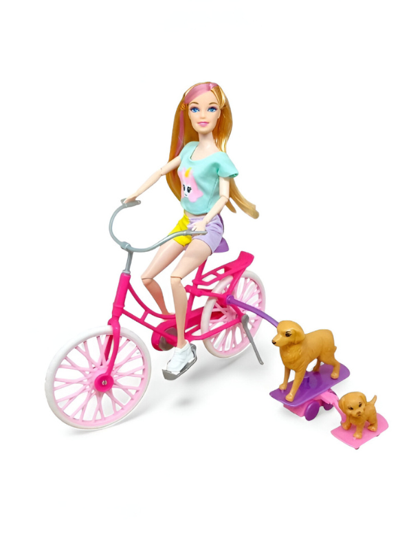 Barbie Doll Bicycle Toy with Puppy Pet Playset – Pastel Doll Bike & Puppy on Wheels LMI15420.
