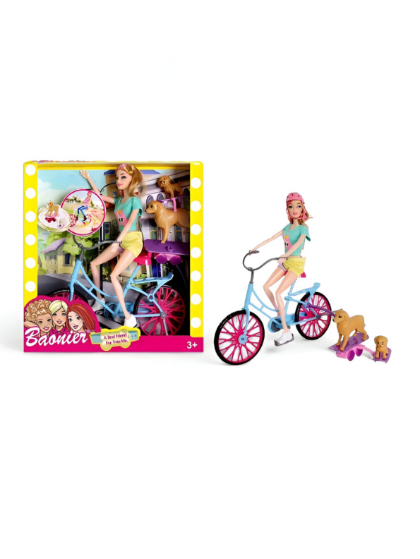 Barbie Doll Bicycle Toy with Puppy Pet Playset – Pastel Doll Bike & Puppy on Wheels LMI15420.