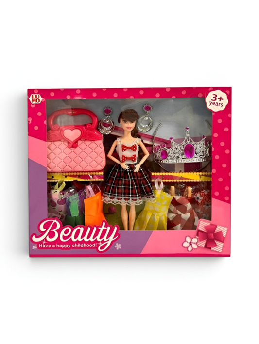Beauty Doll Pretend Play Set – Brunette Fashion Doll with Changeable Dresses LMI9403.