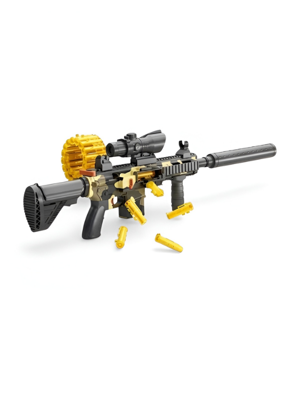 Belt-Fed Toy Rifle with Ejecting Shells – Camo M4 Style Blaster TV1704.