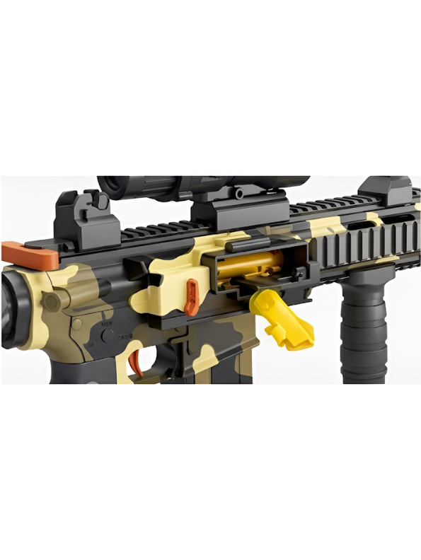 Belt-Fed Toy Rifle with Ejecting Shells – Camo M4 Style Blaster TV1704.