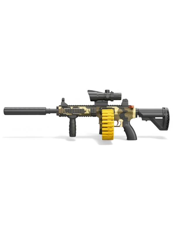 Belt-Fed Toy Rifle with Ejecting Shells – Camo M4 Style Blaster TV1704.