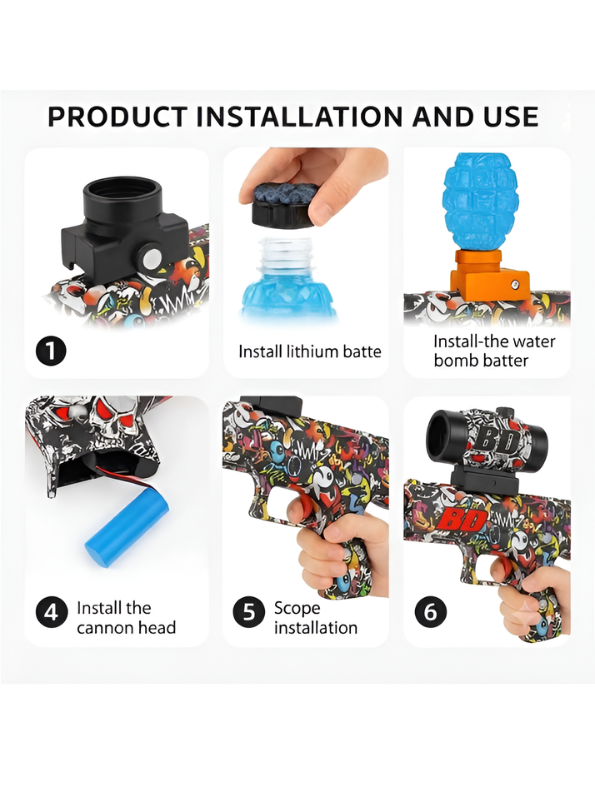 Blokk Blaster Automatic Gel Ball Gun with Water Bead Hopper & Silencer Extension, Red Graffiti Splatter MD446