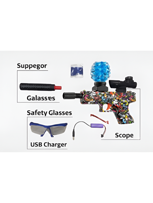 Blokk Blaster Automatic Gel Ball Gun with Water Bead Hopper & Silencer Extension, Red Graffiti Splatter MD446