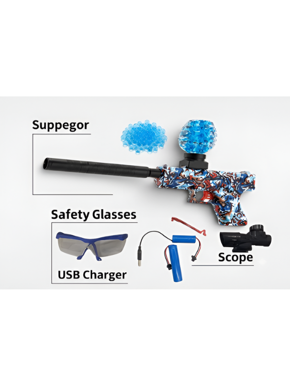 Blokk Blaster Automatic Gel Ball Gun with Water Bead Hopper & Silencer Extension, Blue Graffiti Splatter MD446