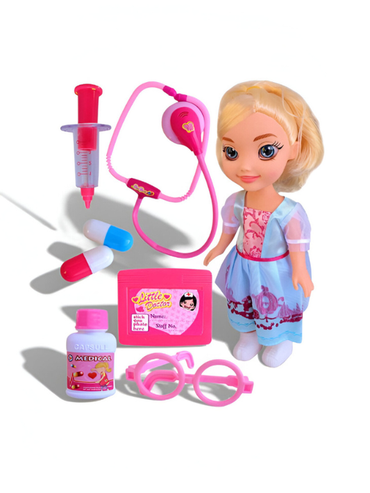 Blonde Princess Doctor Doll Toy Set for Girls – Pretend Medical Playset with Pink Stethoscope & Accessories LMI11755.