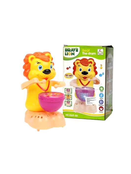 Brave Lion Musical Drummer Toy – Battery Operated Cartoon Lion with Lights, Sound & 360° Rotation LMI8238.