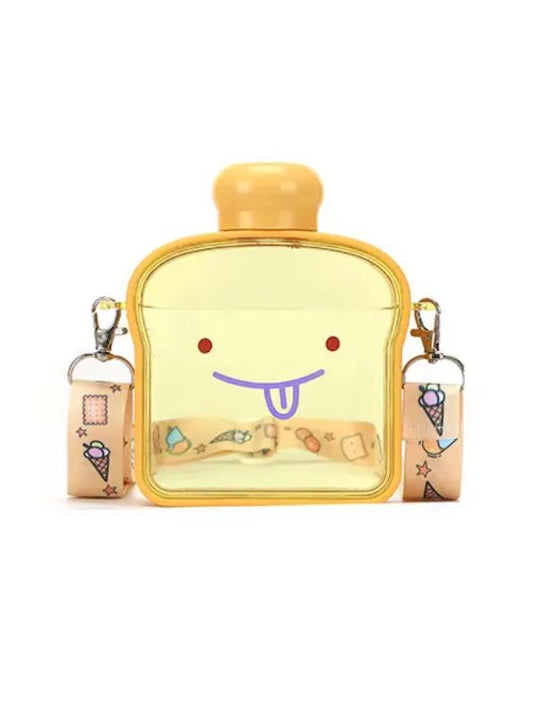 Yellow - Bread-Shaped Smiley Face Plastic Water Bottle – 400ml Cute & Leakproof for Kids and Adults NOV538.