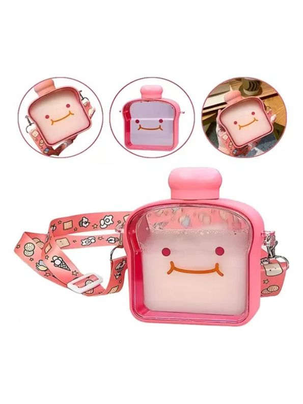 Pink - Bread-Shaped Smiley Face Plastic Water Bottle – 400ml Cute & Leakproof for Kids and Adults NOV538.