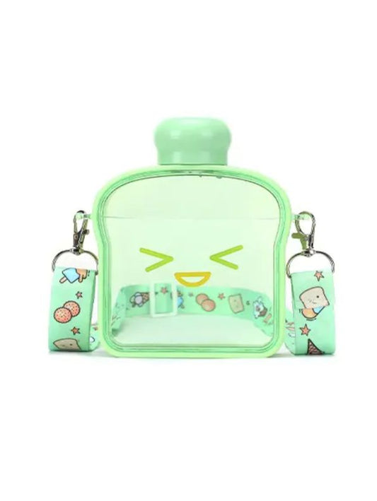 Green - Bread-Shaped Smiley Face Plastic Water Bottle – 400ml Cute & Leakproof for Kids and Adults NOV538.