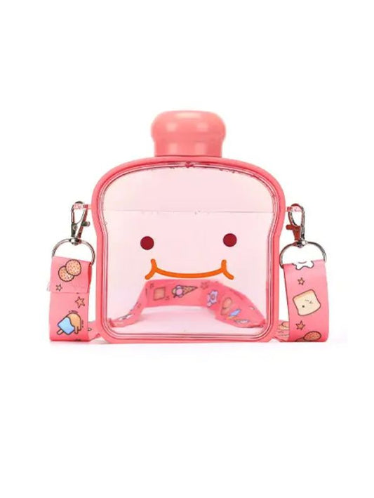 Pink - Bread-Shaped Smiley Face Plastic Water Bottle – 400ml Cute & Leakproof for Kids and Adults NOV538.