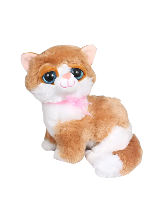 Brown & White Plush Cat Toy 20cm – Soft Sitting Kitten with Big Glitter Eyes ST15636.