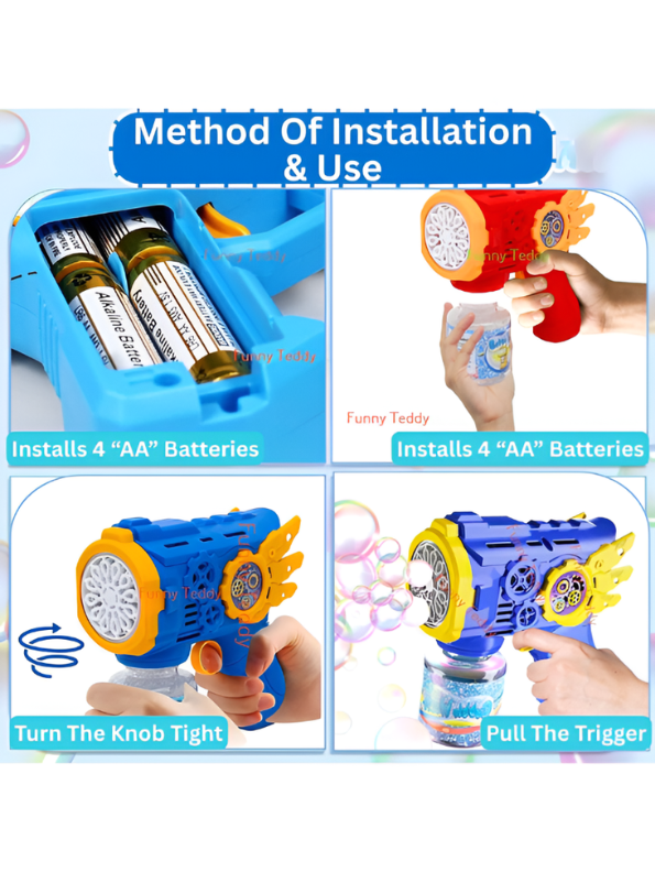 Bubble Gun with LED Lights & Rotating Gears, Leak-Proof Blue LMI16604.