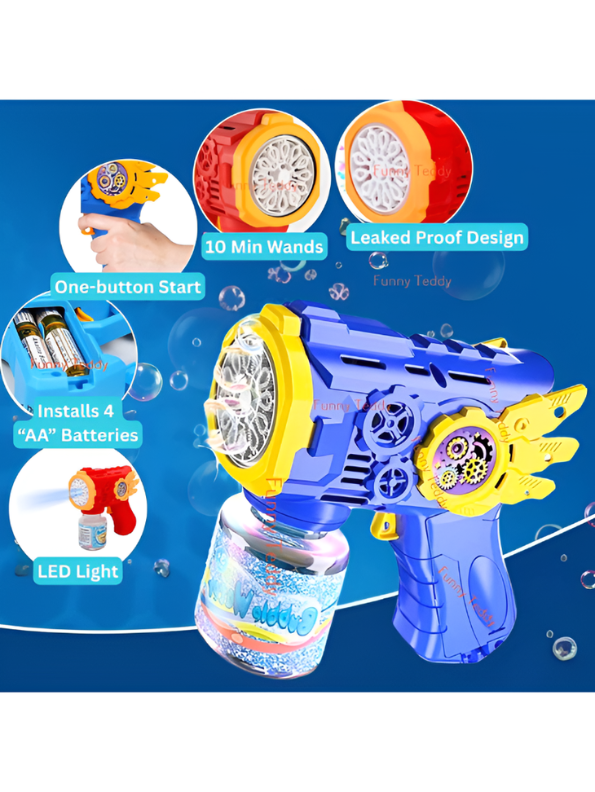 Bubble Gun with LED Lights & Rotating Gears, Leak-Proof Blue LMI16604.