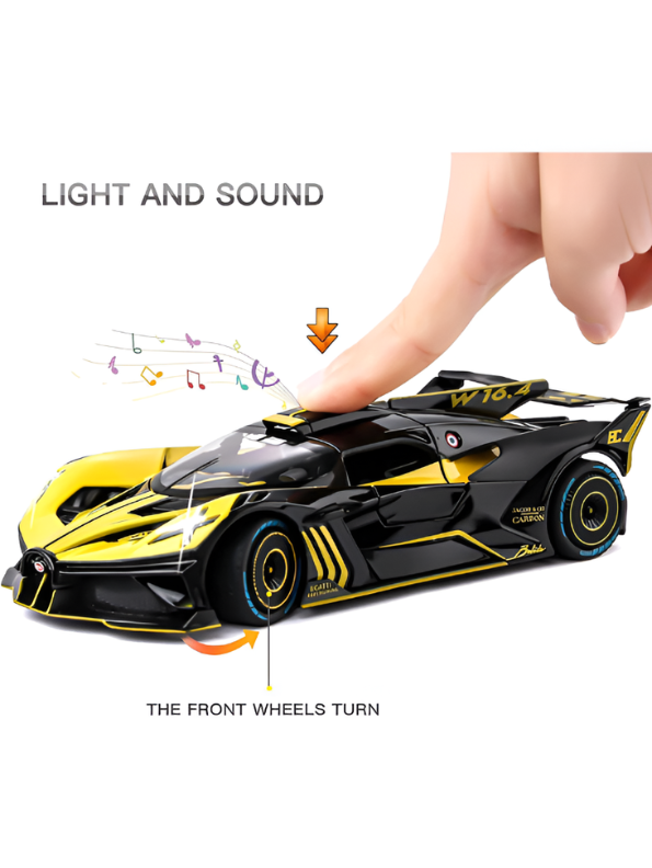Bugatti Bolide Diecast Model Car – Yellow Scale 1:24 With Smoke Zinc Alloy Diecast Car Collectible for Kids and Adults LMI15527