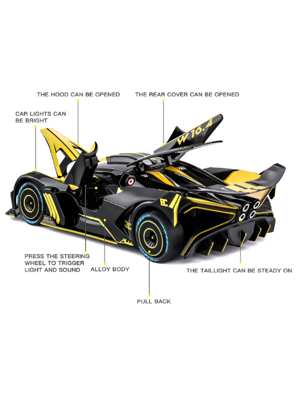 Bugatti Bolide Diecast Model Car – Yellow Scale 1:24 With Smoke Zinc Alloy Diecast Car Collectible for Kids and Adults LMI15527