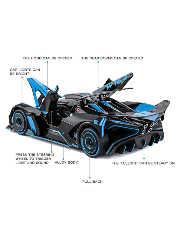 Bugatti Bolide Diecast Model Car – Blue Scale 1:24 With Smoke Zinc Alloy Diecast Car Collectible for Kids and Adults LMI15527