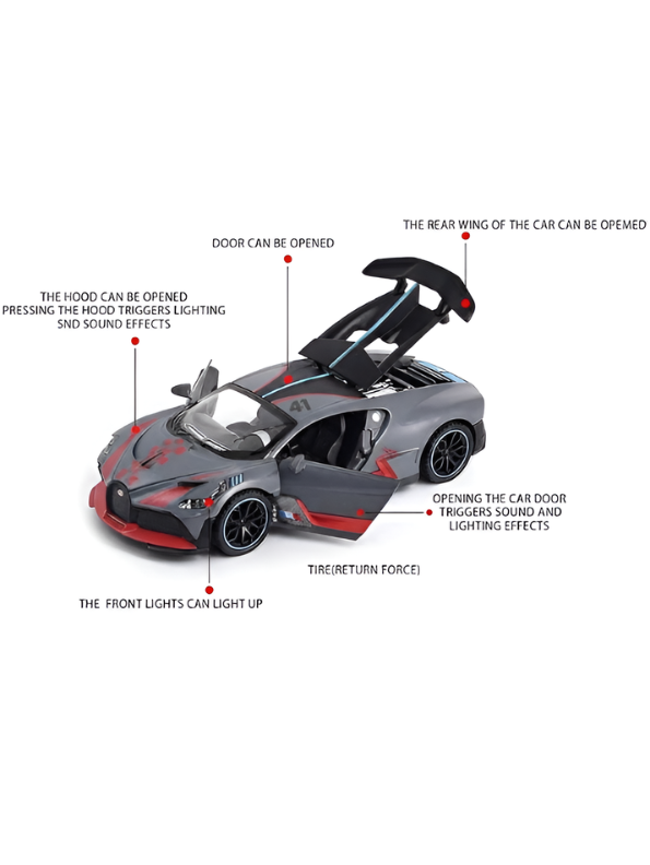 Bugatti Divo Grey 1:32 Pull-Back Toy Supercar with Lights and Sound - Diecast Metal Model.
