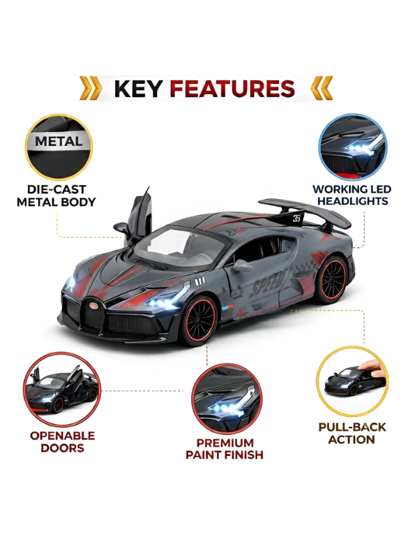Bugatti Divo Grey 1:32 Pull-Back Toy Supercar with Lights and Sound - Diecast Metal Model.