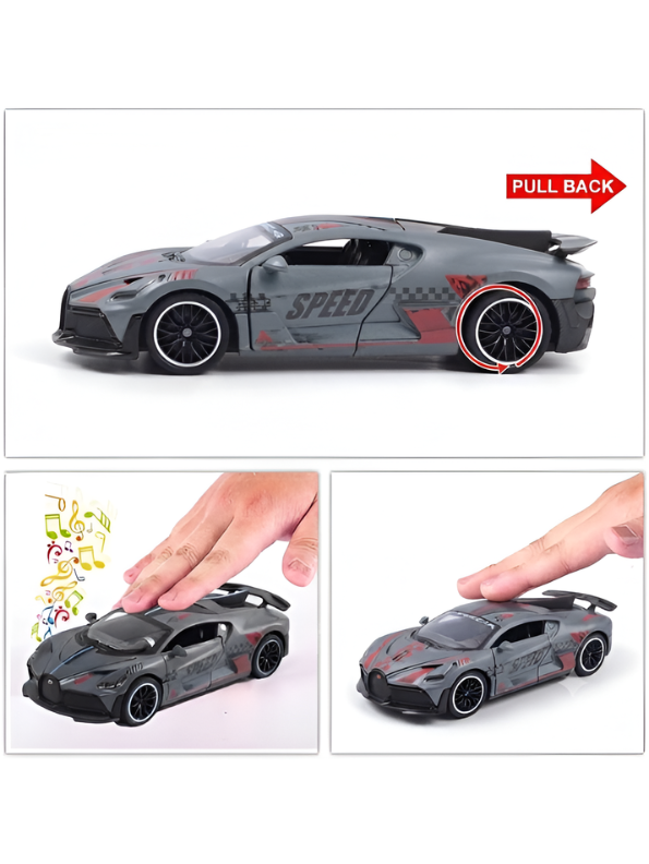 Bugatti Divo Grey 1:32 Pull-Back Toy Supercar with Lights and Sound - Diecast Metal Model.